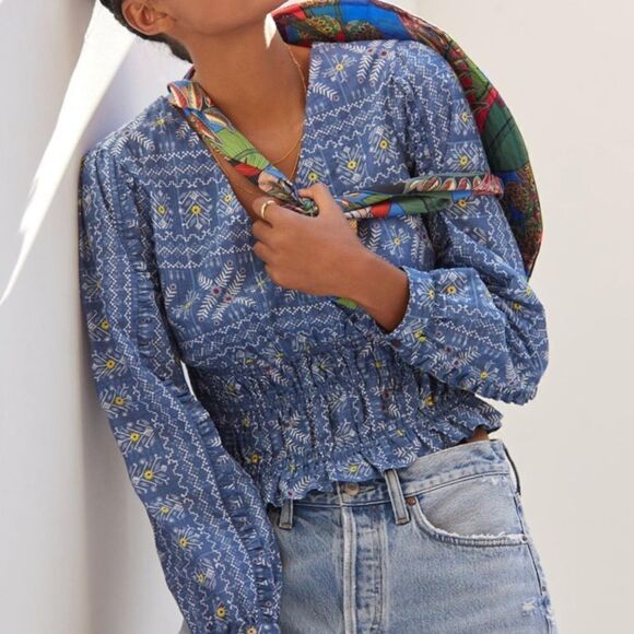 NEW Anthropologie Forever That Girl Embroidered Smocked Waist Top in Size Large - Picture 1 of 13